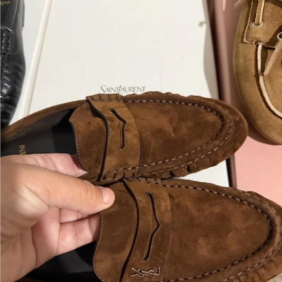 Saint Laurent Chestnut Brown Suede Penny Loafers - Men - Picture 3 of 3